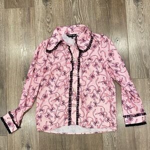 Sister Jane Pink Bow Blouse with Black Trim